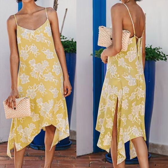 Cupshe Amelie Floral Tie Back Slip‎ Dress yellow floral sun rayon Large - Picture 1 of 13